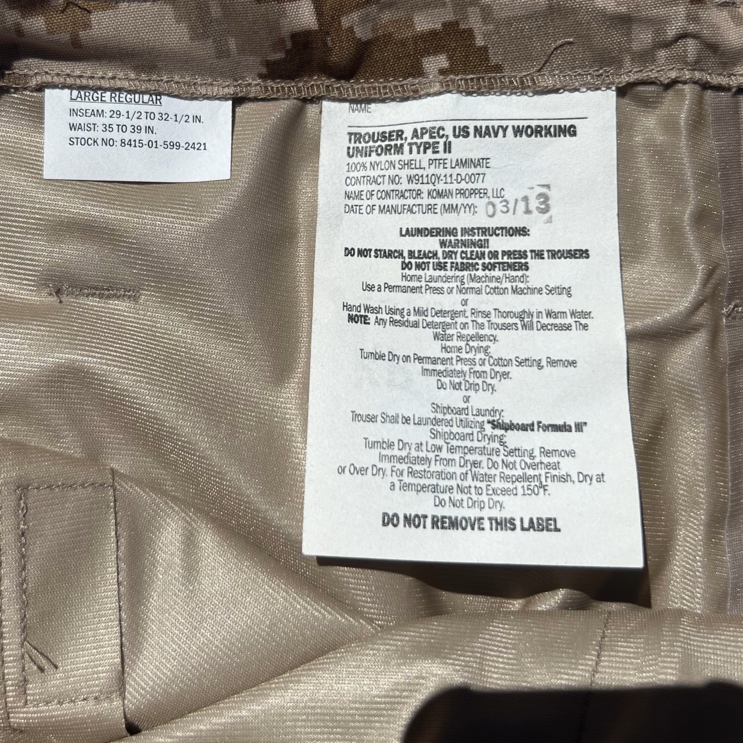NEW US NAVY NWU Type II AOR1 desert Goretex pants size LR Large Regular